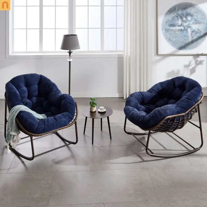 Outdoor Chair Rocker Steel Synthetic Rattan Navy Blue 250 lb Capacity Oversized