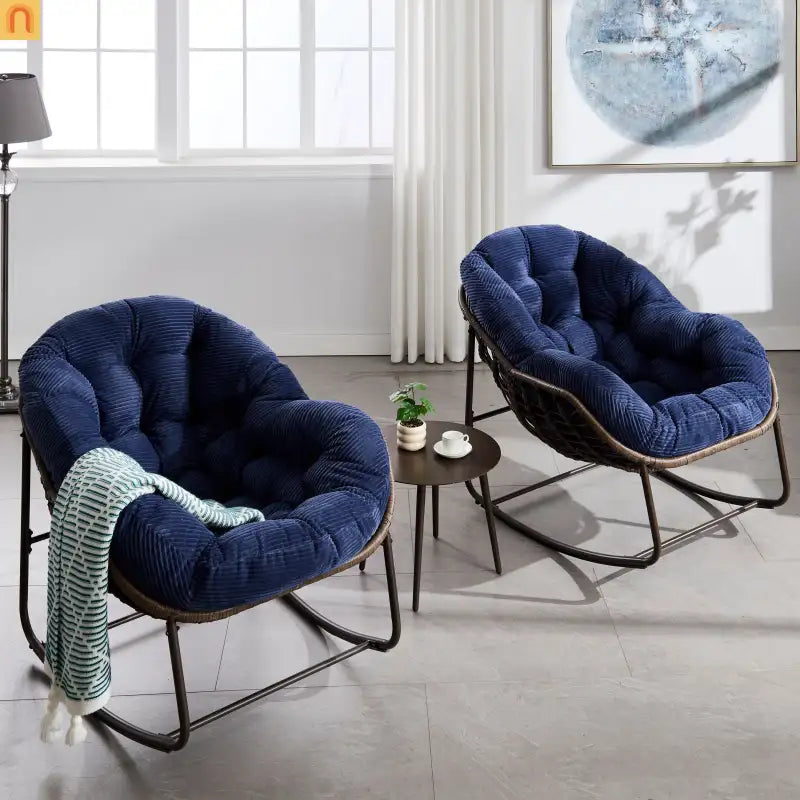 Outdoor Chair Rocker Steel Synthetic Rattan Navy Blue 250 lb Capacity Oversized