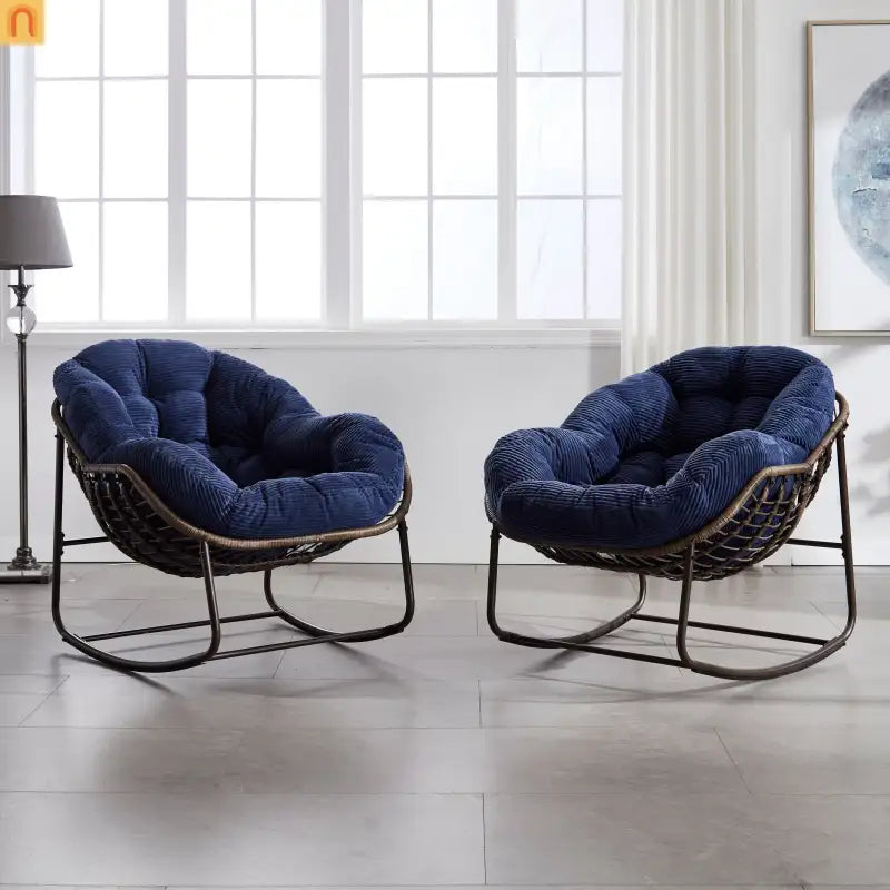 Outdoor Chair Rocker Steel Synthetic Rattan Navy Blue 250 lb Capacity Oversized