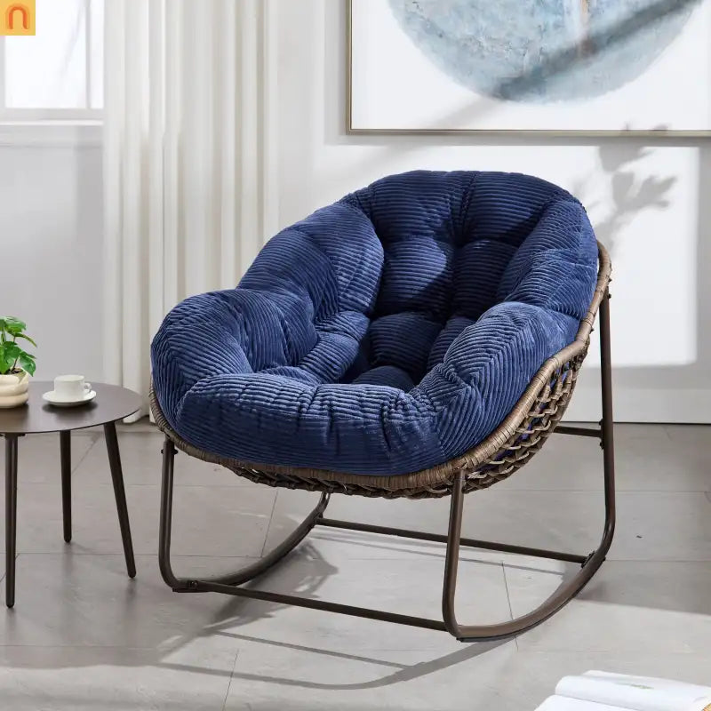 Outdoor Chair Rocker Steel Synthetic Rattan Navy Blue 250 lb Capacity Oversized
