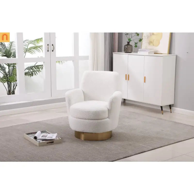 Accent Chair Barrel Swivel Faux Fur Ivory Gold Base 300 lb 29in