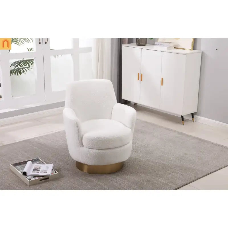 Accent Chair Barrel Swivel Faux Fur Ivory Gold Base 300 lb 29in