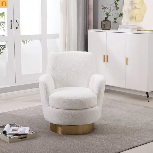 Accent Chair Barrel Swivel Faux Fur Ivory Gold Base 300 lb 29in