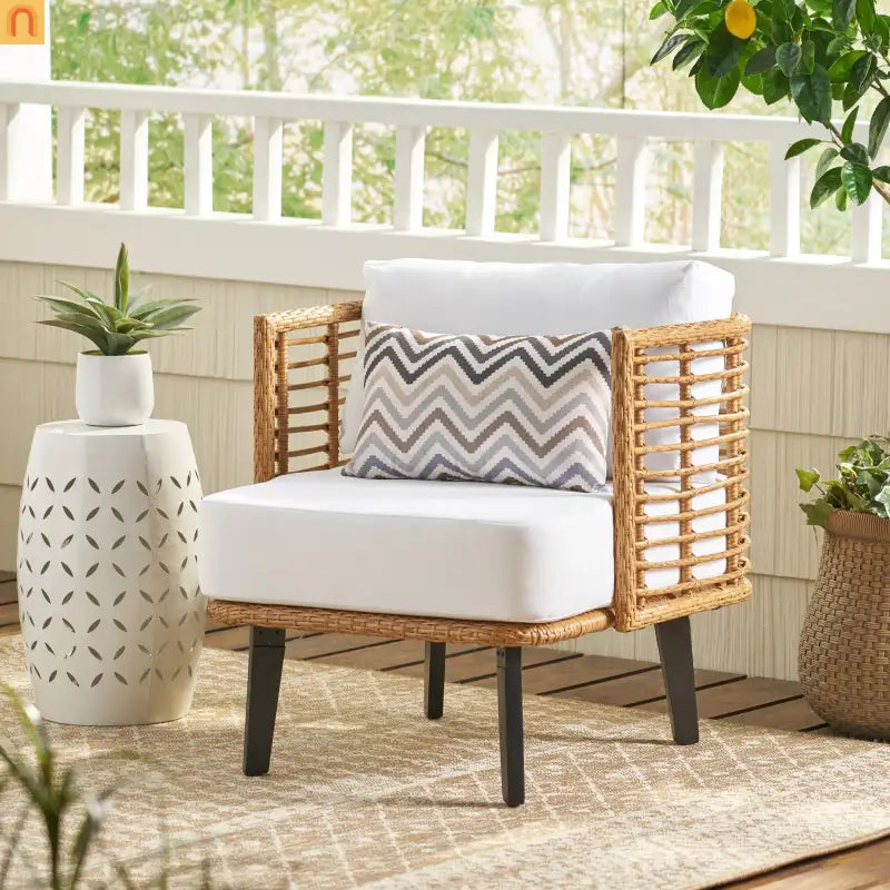Chair Wicker Club Outdoor Brown Water-Resistant Cushion