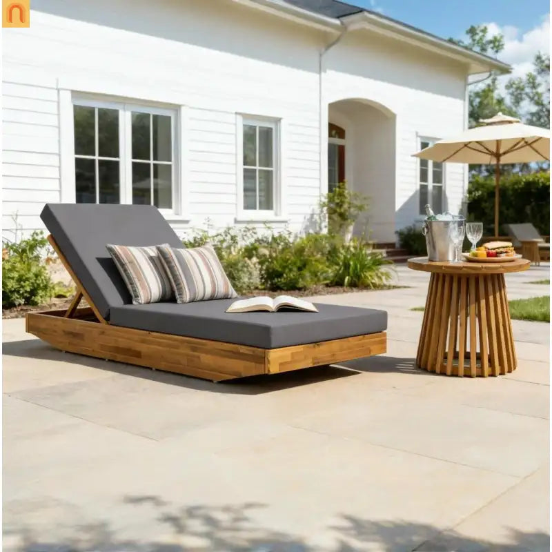 Chaise Lounge Outdoor Acacia Wood Teak Finish with Cushion 79.6in l 29in w/