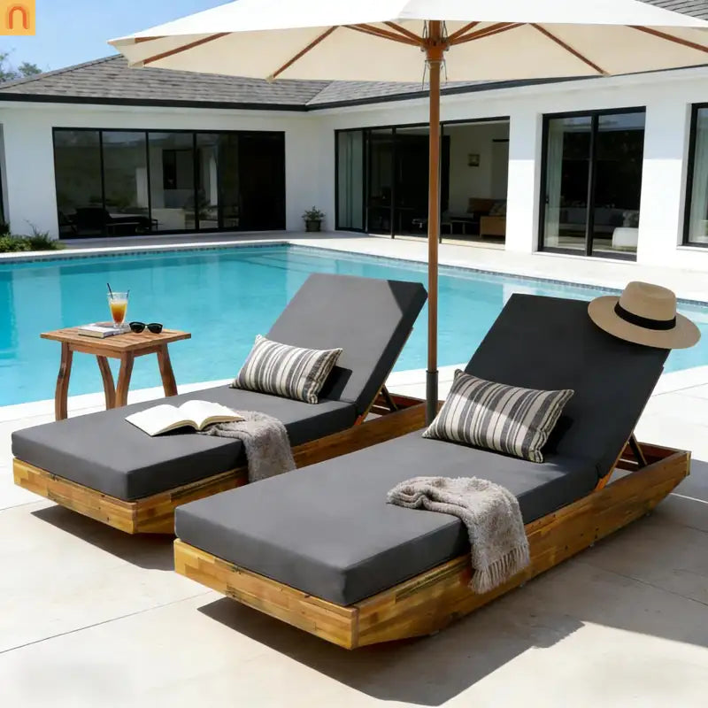 Chaise Lounge Outdoor Acacia Wood Teak Finish with Cushion 79.6in l 29in w/