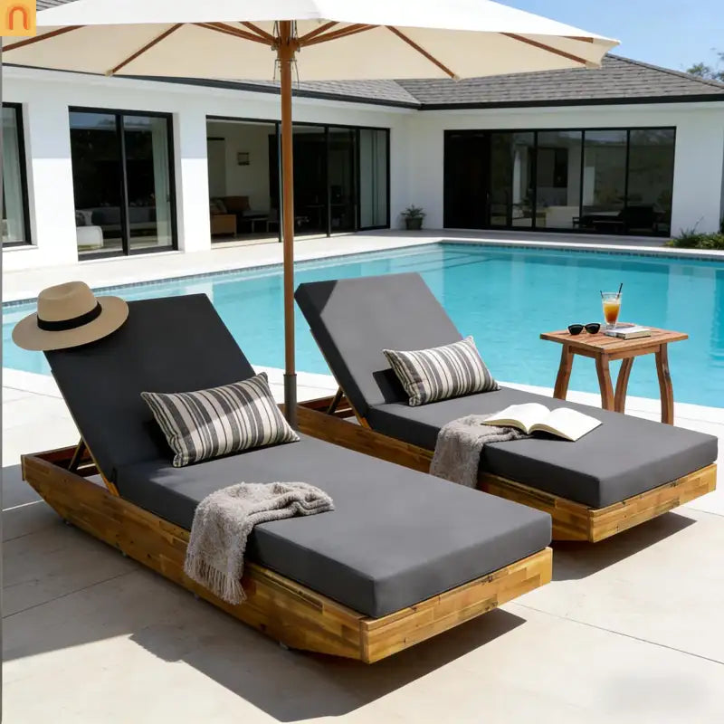 Chaise Lounge Outdoor Acacia Wood Teak Finish with Cushion 79.6in l 29in w/