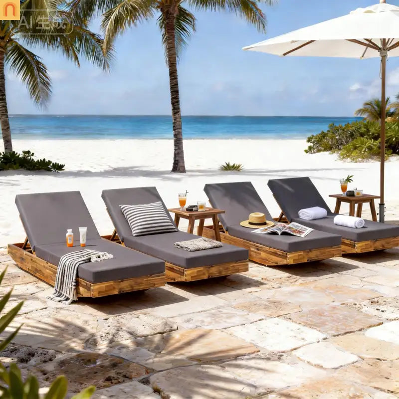 Chaise Lounge Outdoor Acacia Wood Teak Finish with Cushion 79.6in l 29in w/