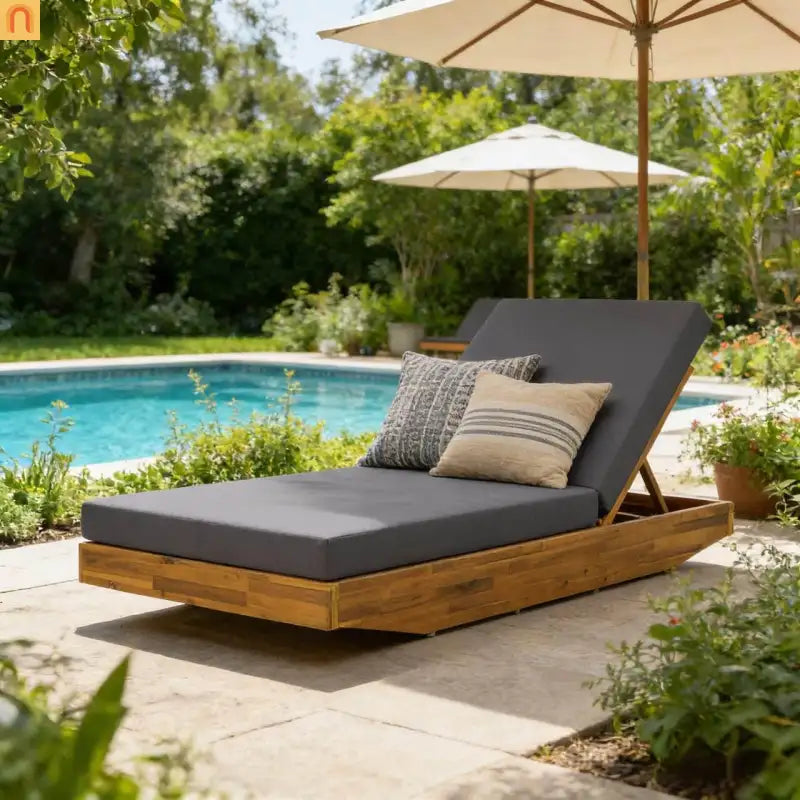 Chaise Lounge Outdoor Acacia Wood Teak Finish with Cushion 79.6in l 29in w/