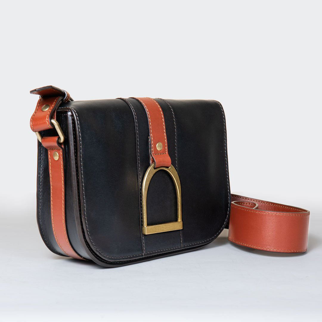 Signature Stirrup - Riding Stirrup Crossbody Luxury Leather Handbag in Cognac on Black