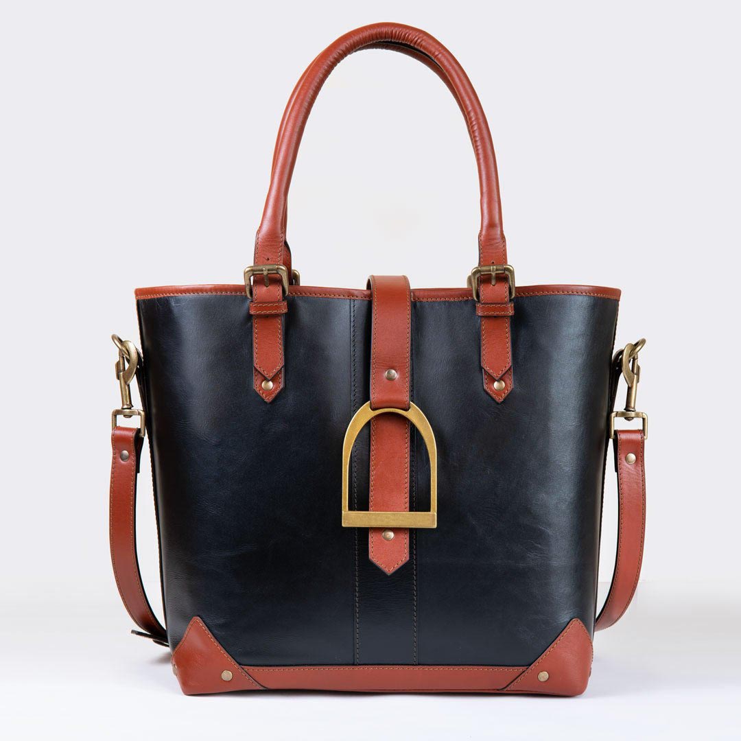 Signature - Riding Stirrup Tote Luxury Leather Handbag in Cognac on Black