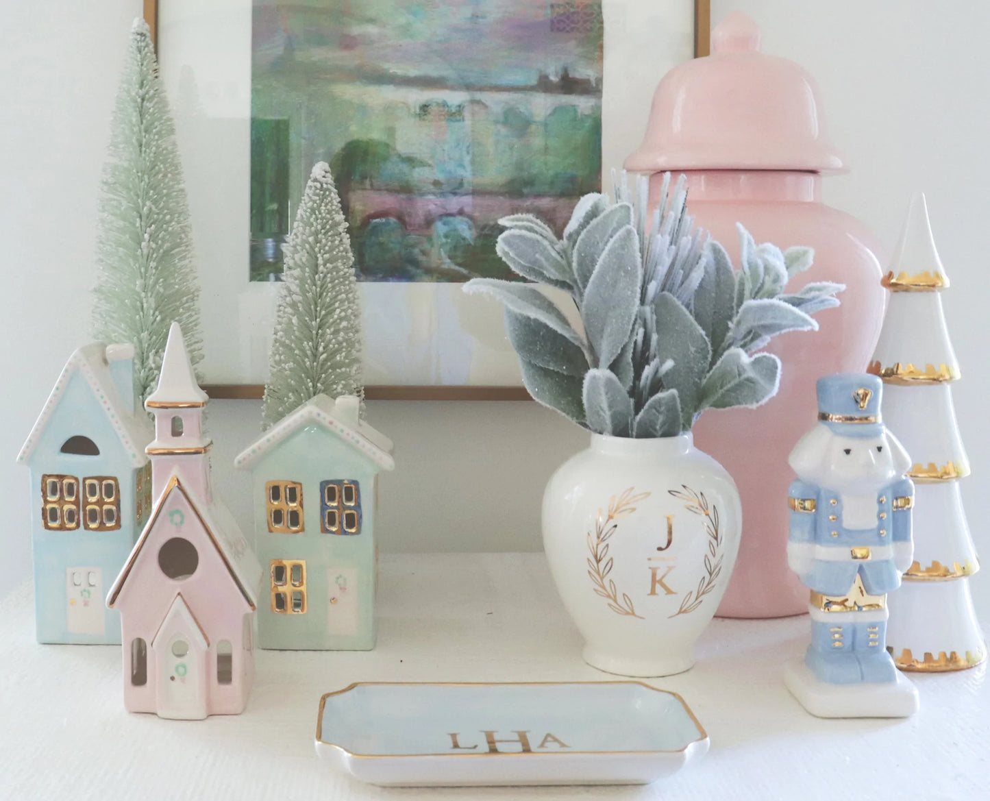Pastel Christmas Village 3-Piece Set with 22K Gold Accents