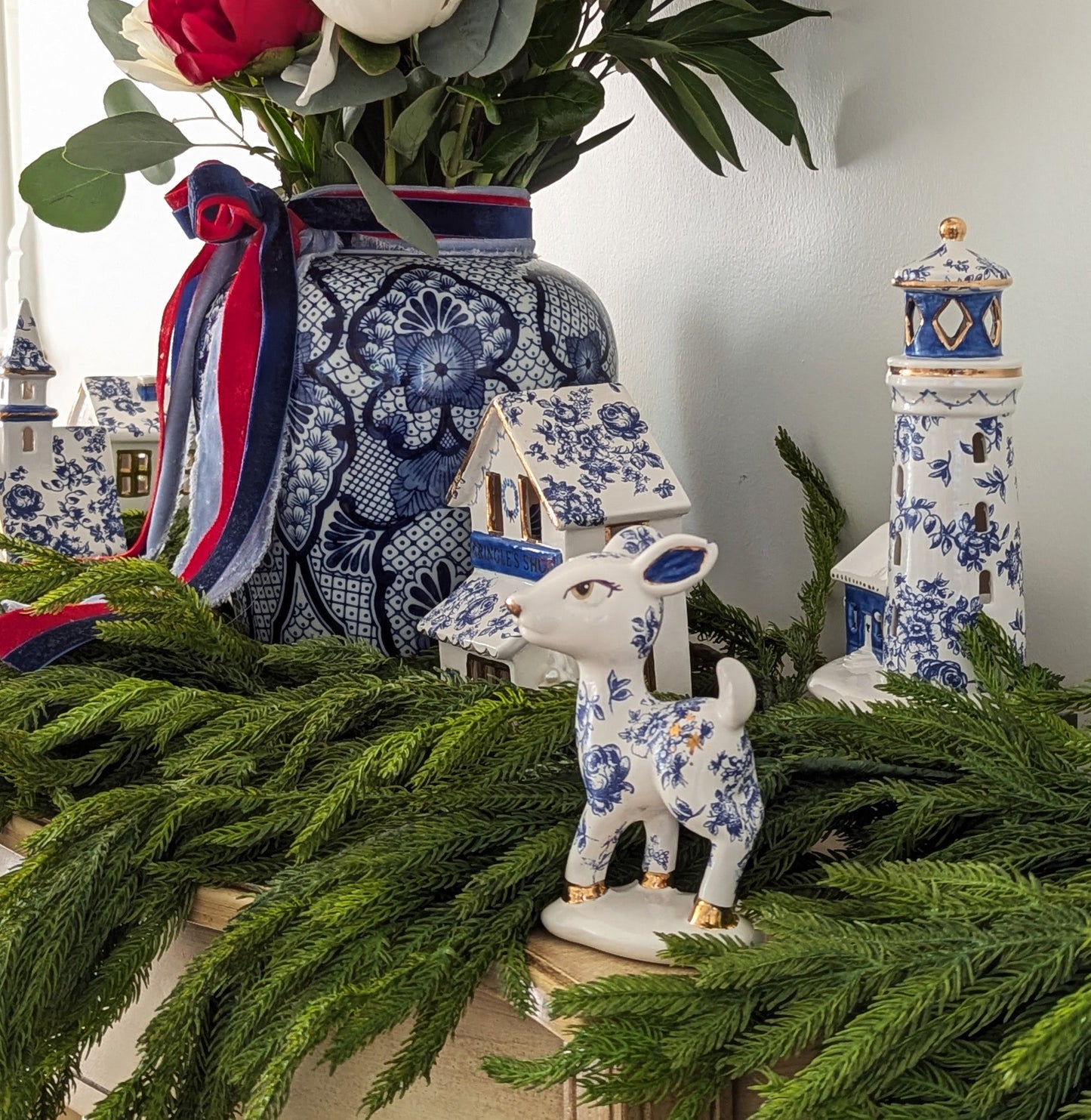 Retro Reindeer Baby in Blue and White Toile