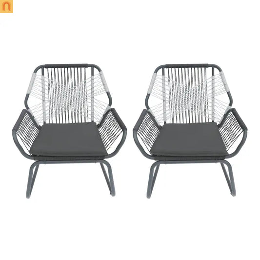 Outdoor Club Chair Woven Rope Gray Steel Frame Water Resistant Cushion