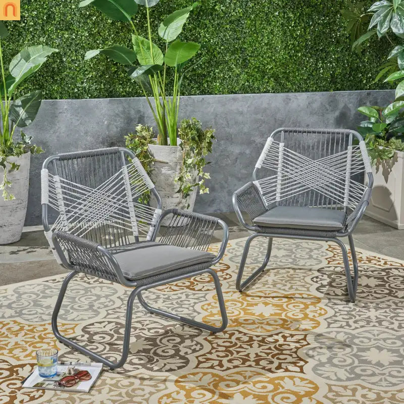 Outdoor Club Chair Woven Rope Gray Steel Frame Water Resistant Cushion