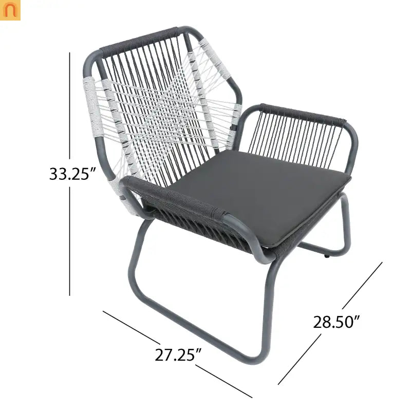 Outdoor Club Chair Woven Rope Gray Steel Frame Water Resistant Cushion