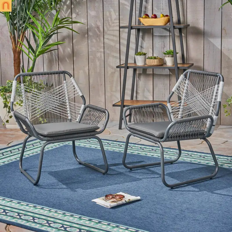 Outdoor Club Chair Woven Rope Gray Steel Frame Water Resistant Cushion