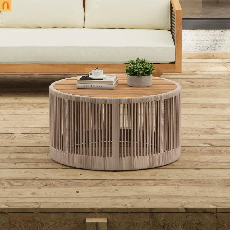 Coffee Table Outdoor Rattan Rope and Acacia Wood Weather Resistant for Garden