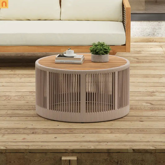 Coffee Table Outdoor Rattan Rope and Acacia Wood Weather Resistant for Garden