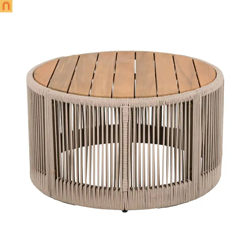 Coffee Table Outdoor Rattan Rope and Acacia Wood Weather Resistant for Garden