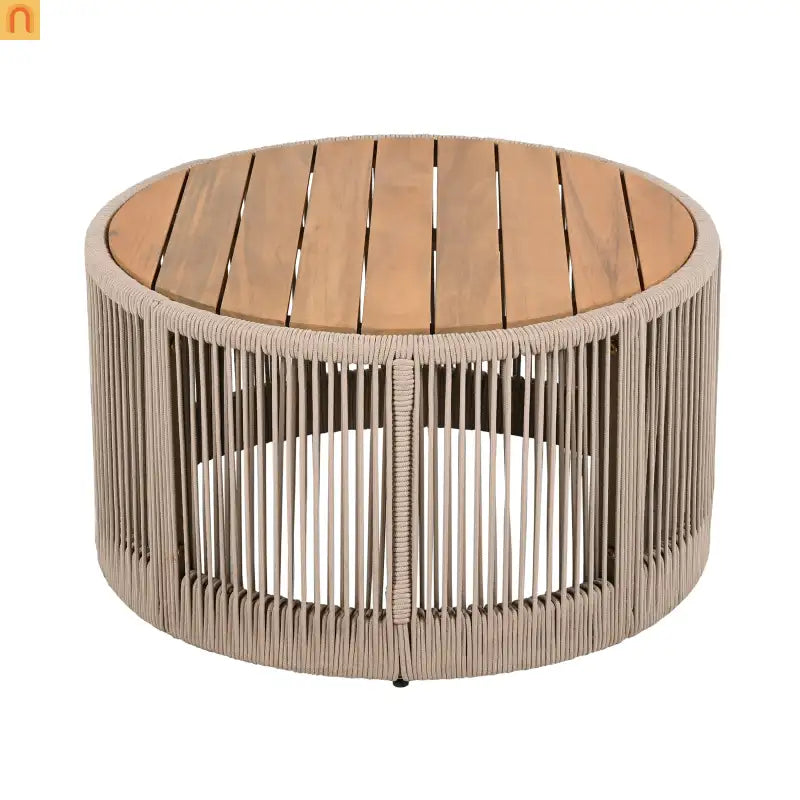 Coffee Table Outdoor Rattan Rope and Acacia Wood Weather Resistant for Garden