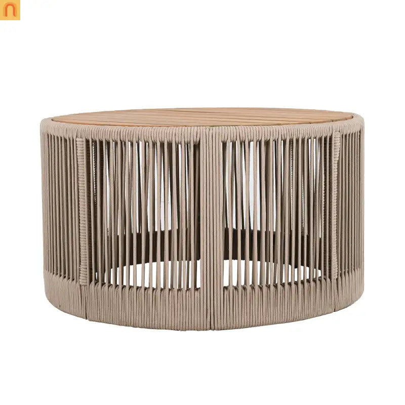 Coffee Table Outdoor Rattan Rope and Acacia Wood Weather Resistant for Garden