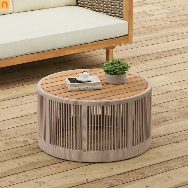 Coffee Table Outdoor Rattan Rope and Acacia Wood Weather Resistant for Garden