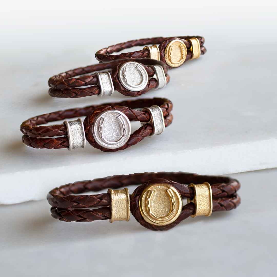 Colton - Horseshoe Dome Braided Equestrian Bracelet Gold or Silver on Brown