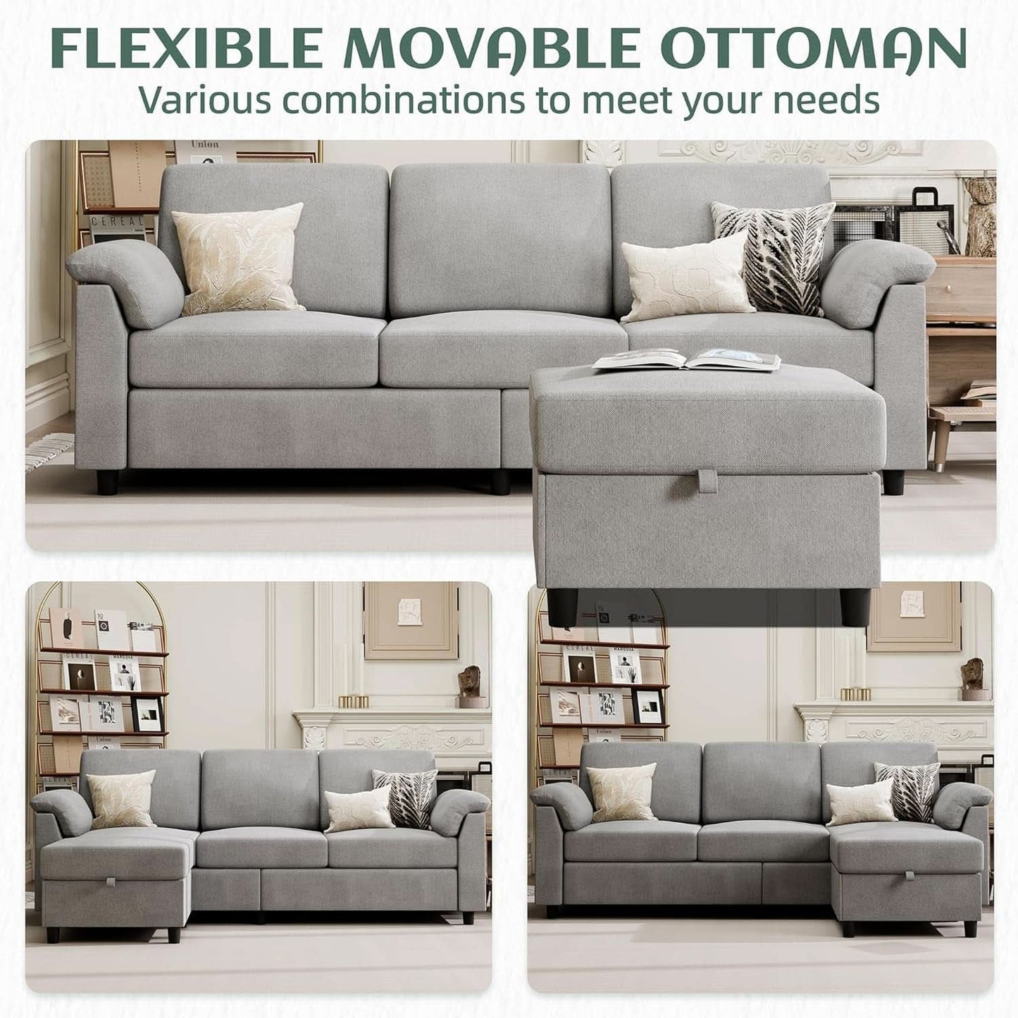 Comfortable L Shaped Convertible Sectional Sofa with Pillows