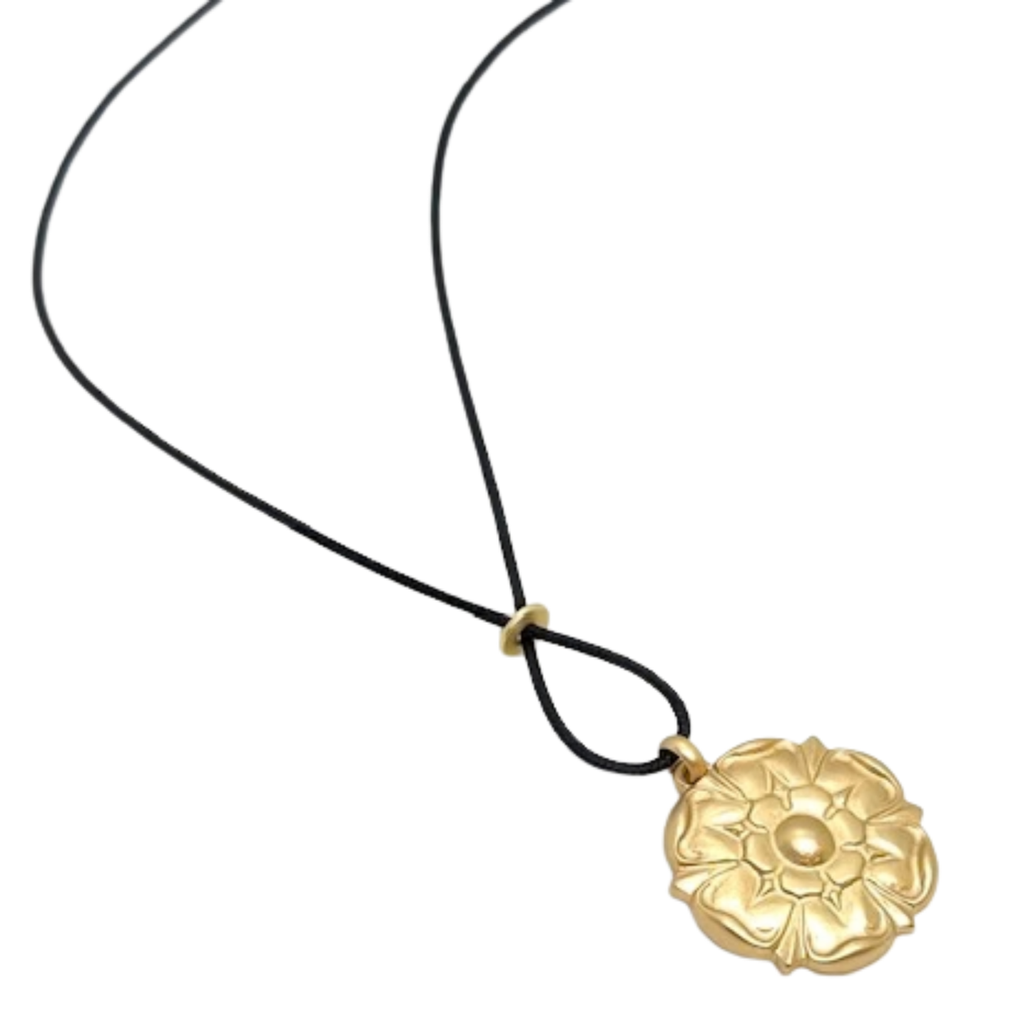Matte Gold Flower Pendant And Black Linen Cord Criss Cross Design Necklace