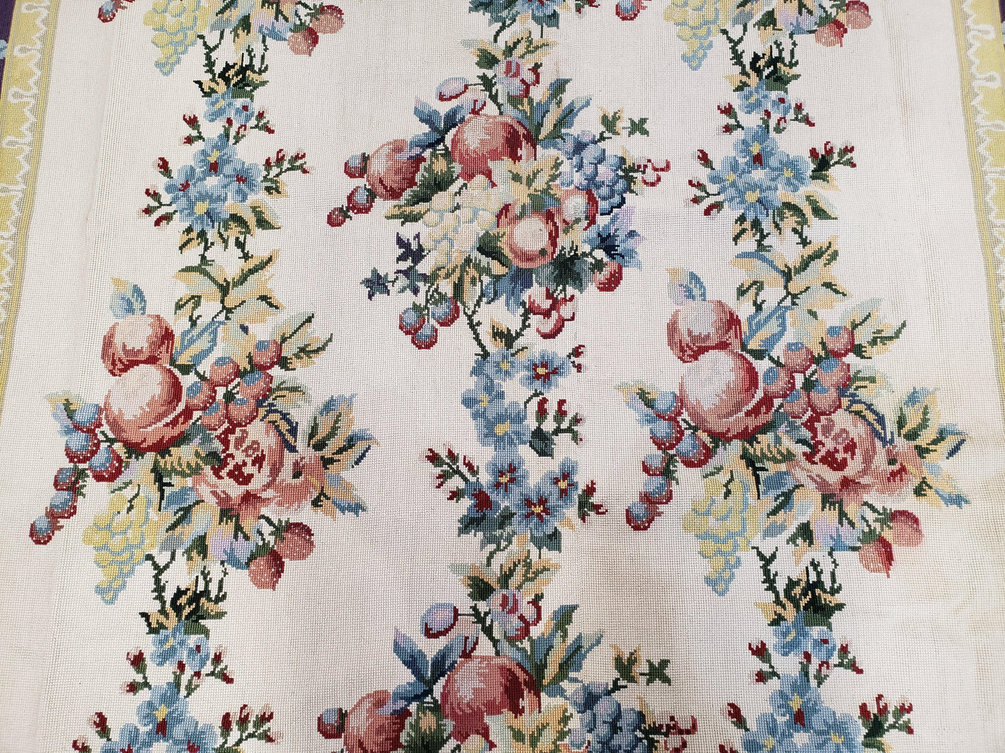 Vintage Chinese Floral Needlepoint Area Rug 6x9, Wool Hand-Woven Handmade Flatweave Rug, Ivory & Purple, Fruits Grapes Apples, Dining Room