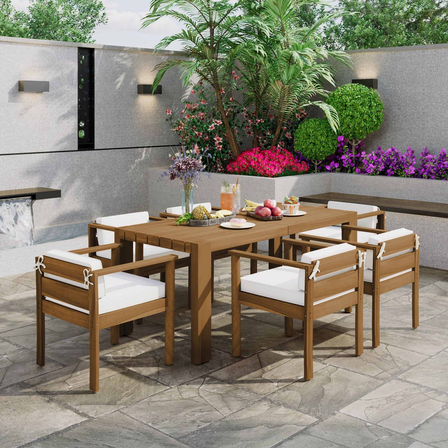 Patio Set Rectangle Light Teak with Removable Cushions for 6 72.8 Inch Table
