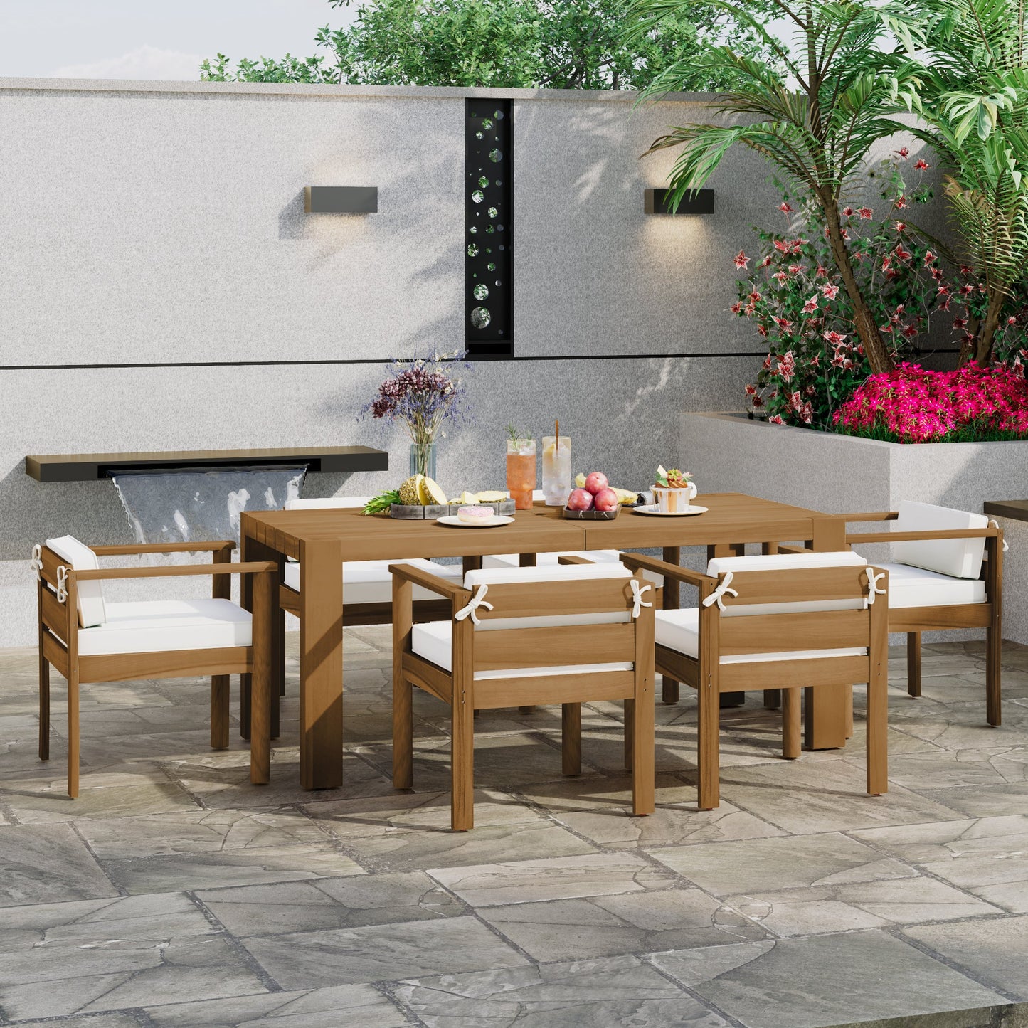 Patio Set Rectangle Light Teak with Removable Cushions for 6 72.8 Inch Table