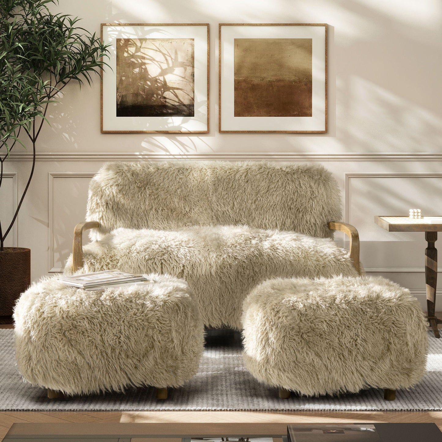 ** Enchante - Sheepskin Accent Loveseat - Taupe / Natural