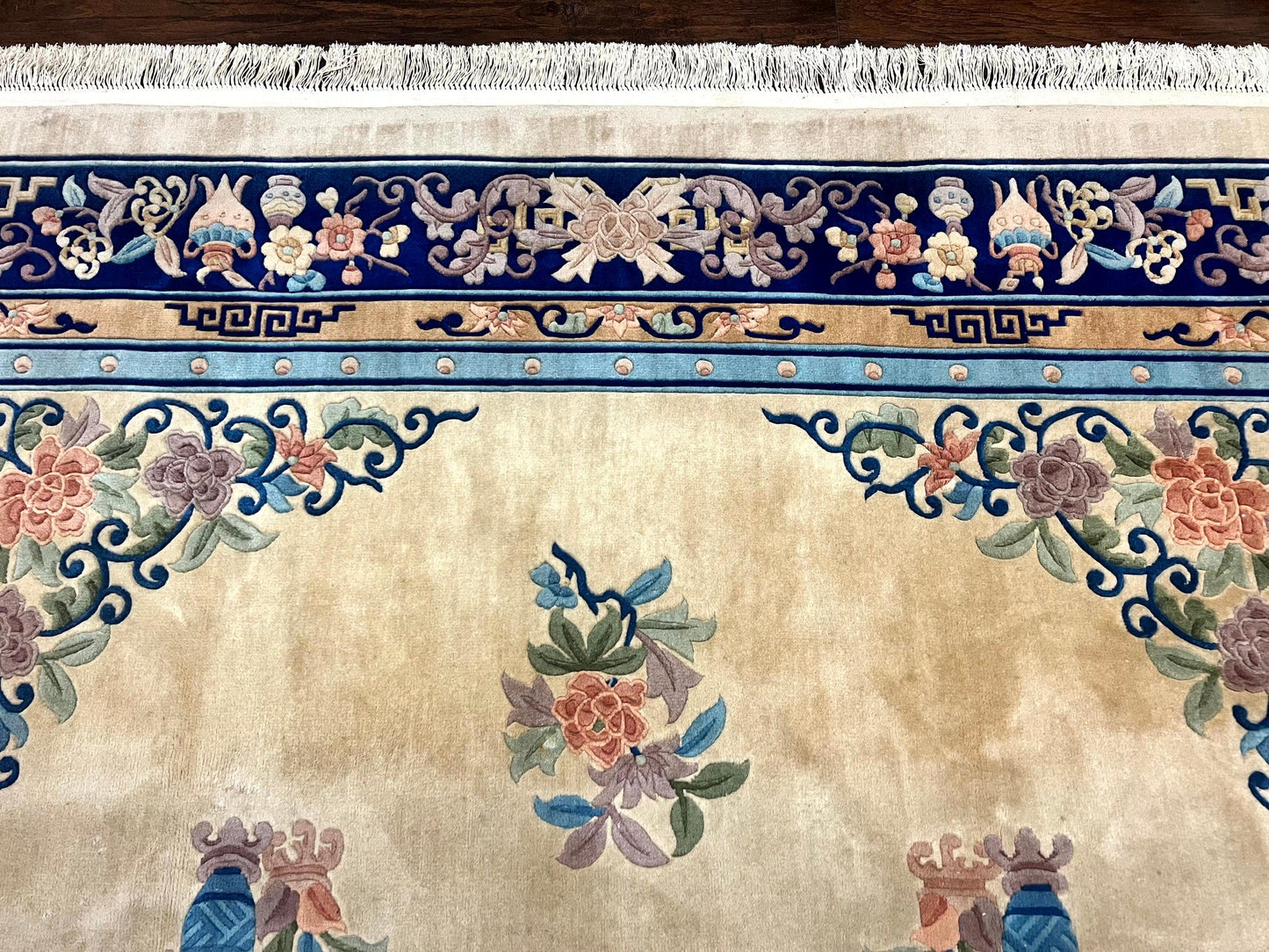 Chinese Wool Rug 8x11, Peking Asian Oriental Carpet, Cream/Ivory and Blue, Vintage Handmade Rug, Art Deco Rug