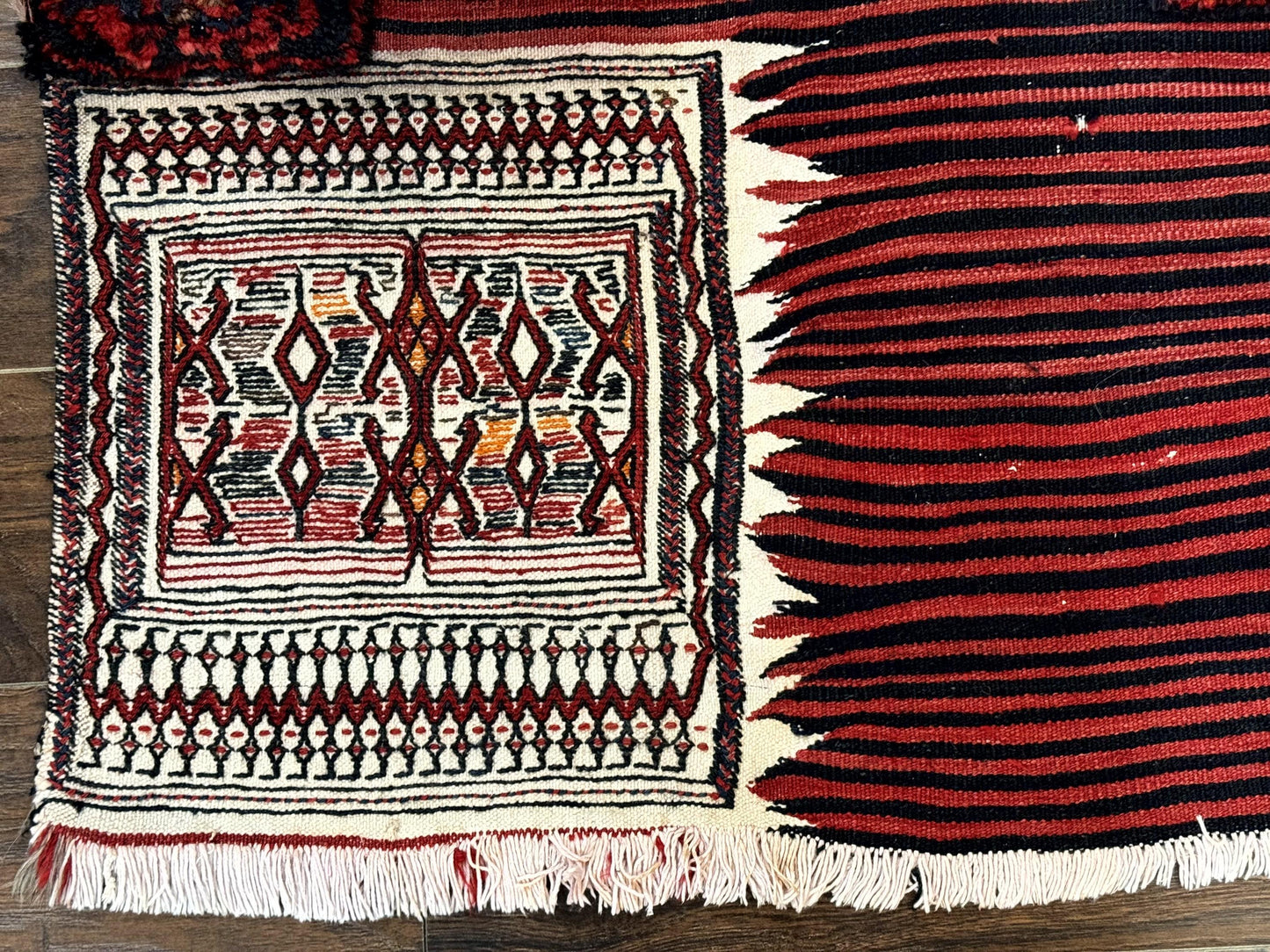 Persian Tribal Nomadic Saddle Cover Rug, Antique, Handmade, Wool, Red Ivory Black, Collectible, Shahsavan