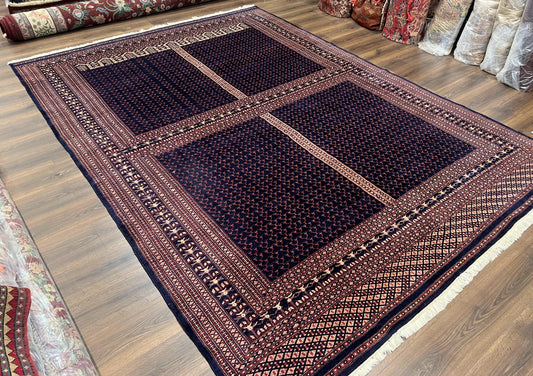Pakistani Rug 8x11, Hand Knotted Wool Carpet, Navy Blue Red Beige, Four Season Hatchli Design, 8 x 11 Vintage Fine Oriental Rug, Room Sized