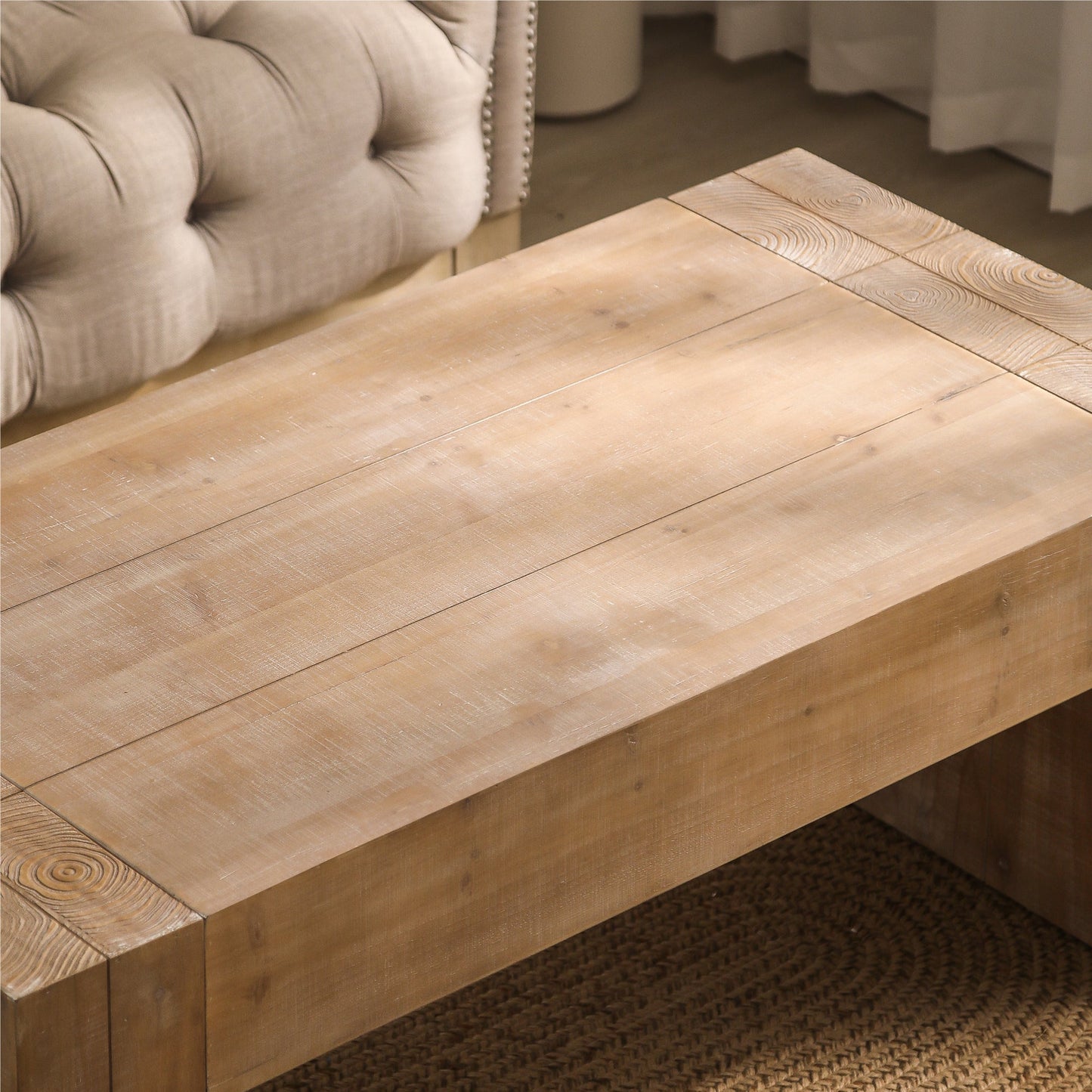 Rustic Oak Wood Coffee Table, 49in Modern Farmhouse Rectangular Table for Living Room