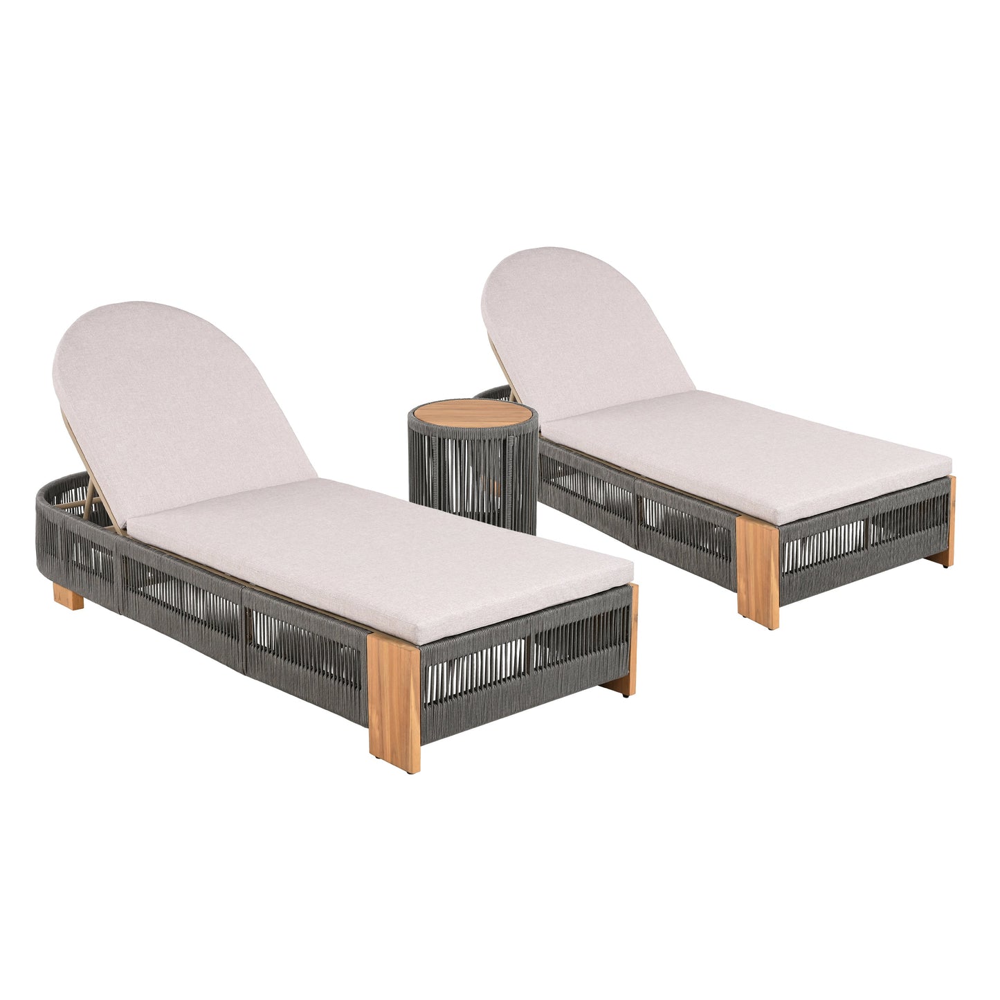 Outdoor Rope Lounge Set with Adjustable Backrest Teak Side Table Beige Cushions