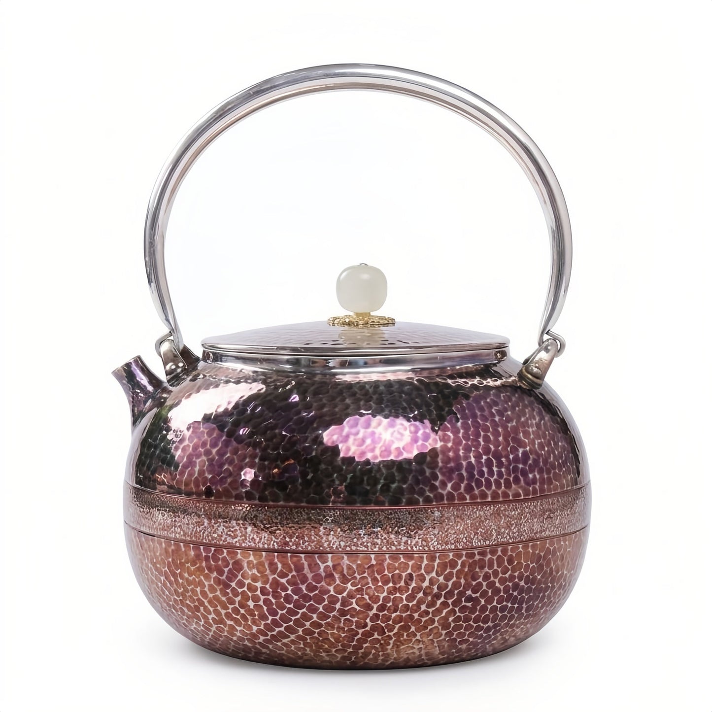 Pure 999 Fine Silver Exquisite Hammered Metallic Teapot with High Arched Handle and Decorative Accents - Handicraft