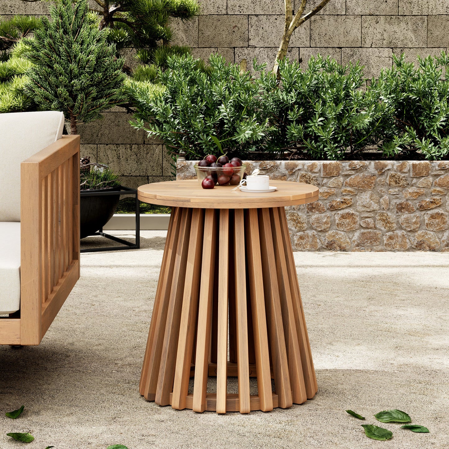 Patio Side Table Round Acacia Wood Light Teak Finish