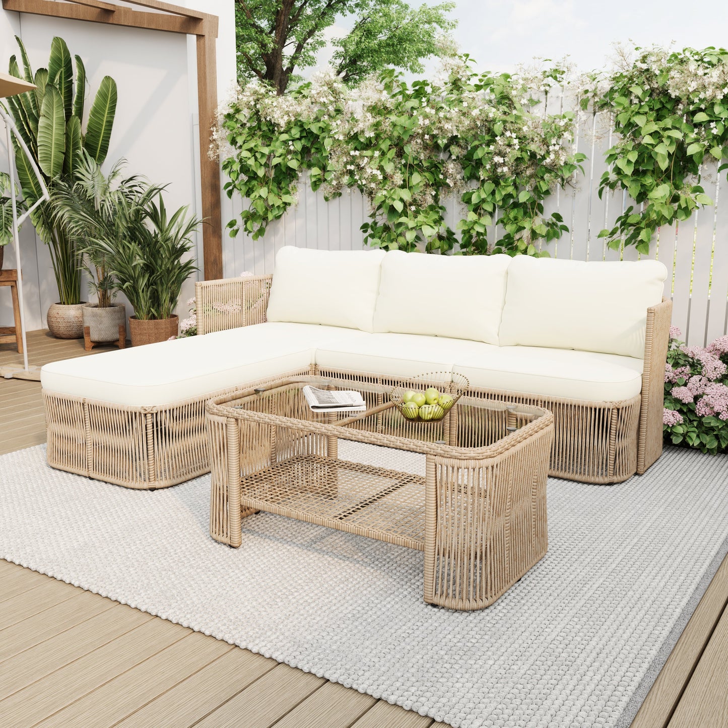 Outdoor Patio Set Rattan Dark Beige Iron Frame Conversation Sofa