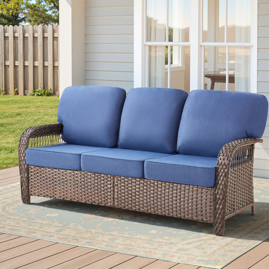 Outdoor Sofa PE Wicker Blue 3-Seat 75 in with T-Back Cushions