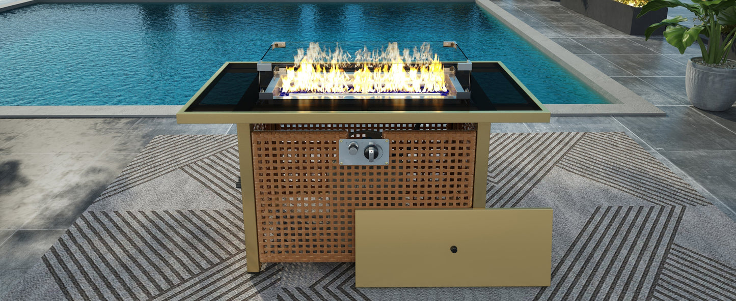 K&K 43' Rattan, Steel and Glass Propane Gas Fire Pit Table