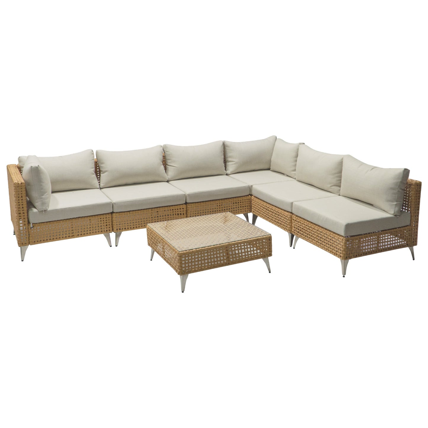 Patio Set Wicker Sectional with Water Resistant Beige Cushions and Coffee Table