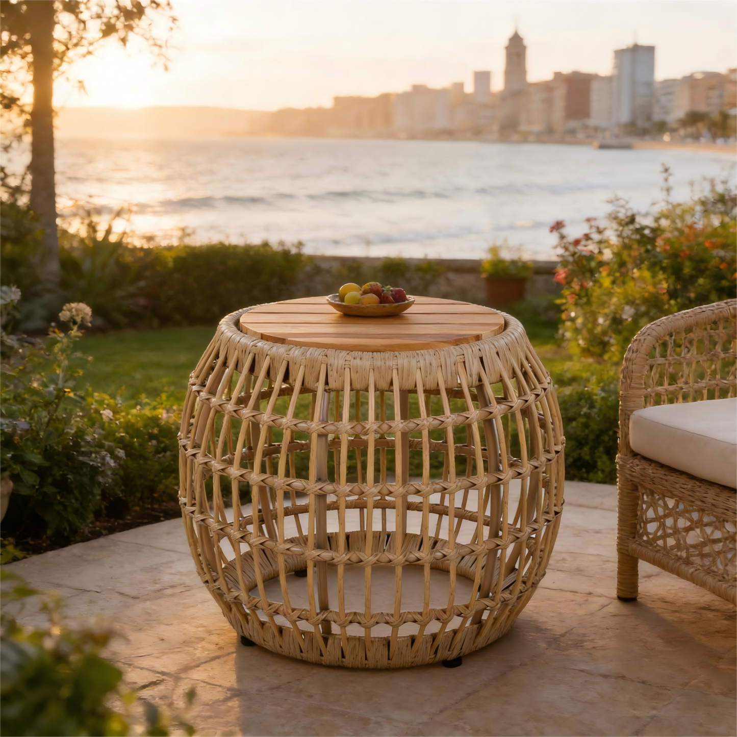 Outdoor Round Side Table Acacia Wood with Wicker Base Light Brown 16 Inch
