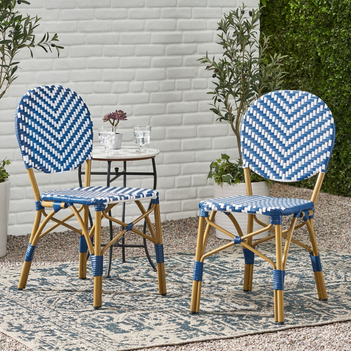 Outdoor Rattan and Aluminum French Armless Bistro Chairs Set of Two - Navy Blue and White
