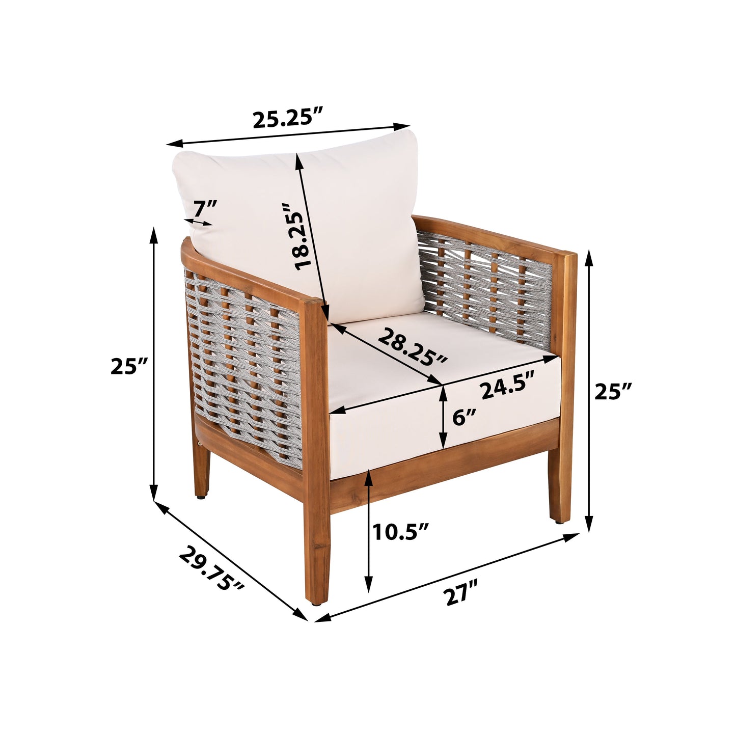 Outdoor Tub Design Armchair with Acacia Wood Teak Finish Beige Cushions