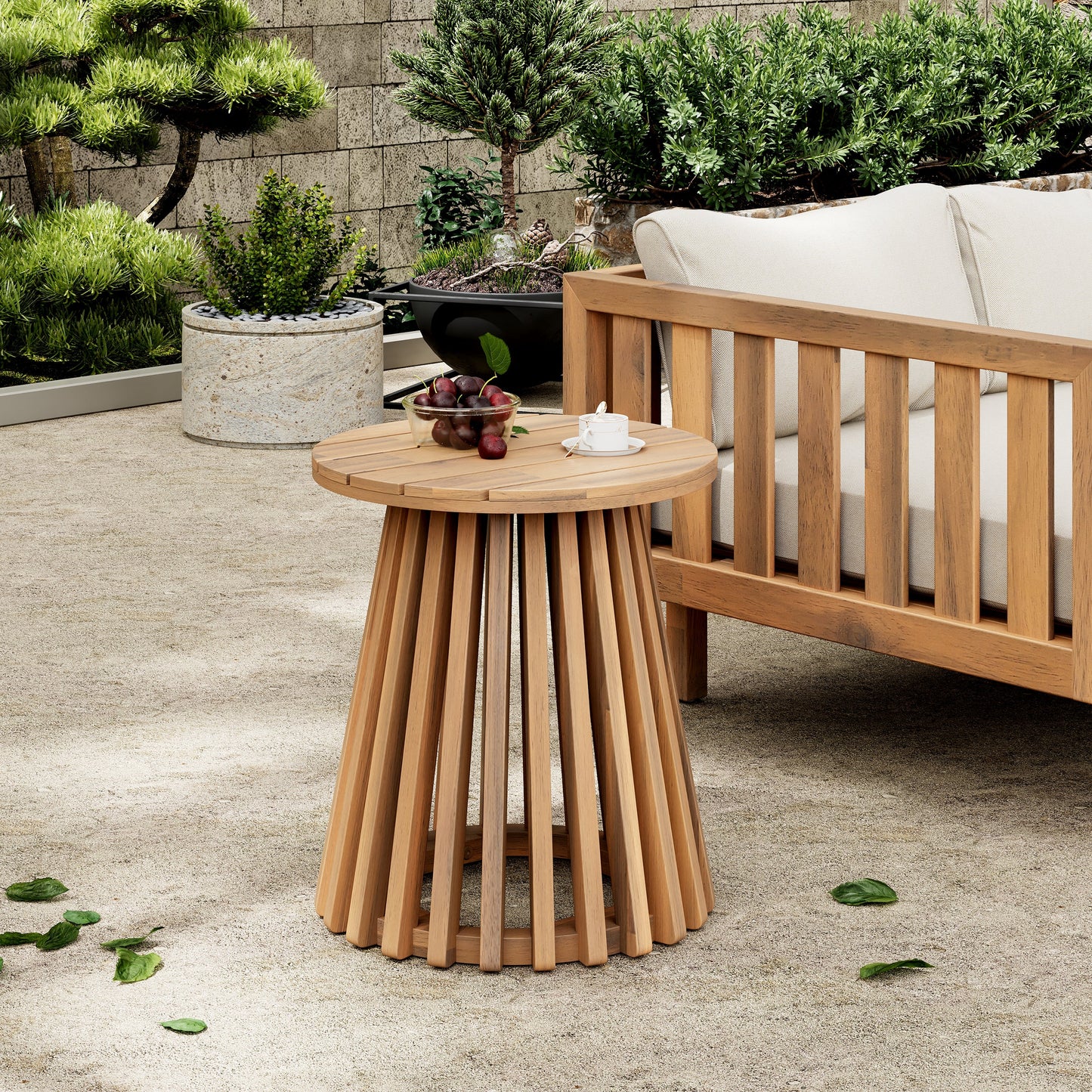 Patio Conversation Set Acacia Wood Armchairs Teak Finish Side Table Set of 2