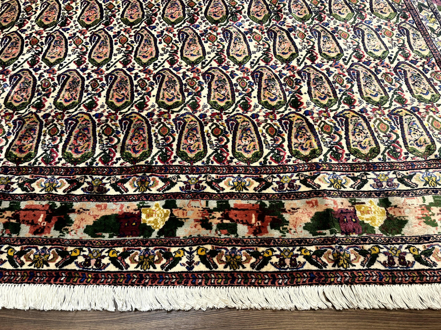 Persian Kurdish Rug 8x11, Repeated Allover Boteh Paisley Design, Bird Pictorials, Rare Antique Sannadaji Carpet